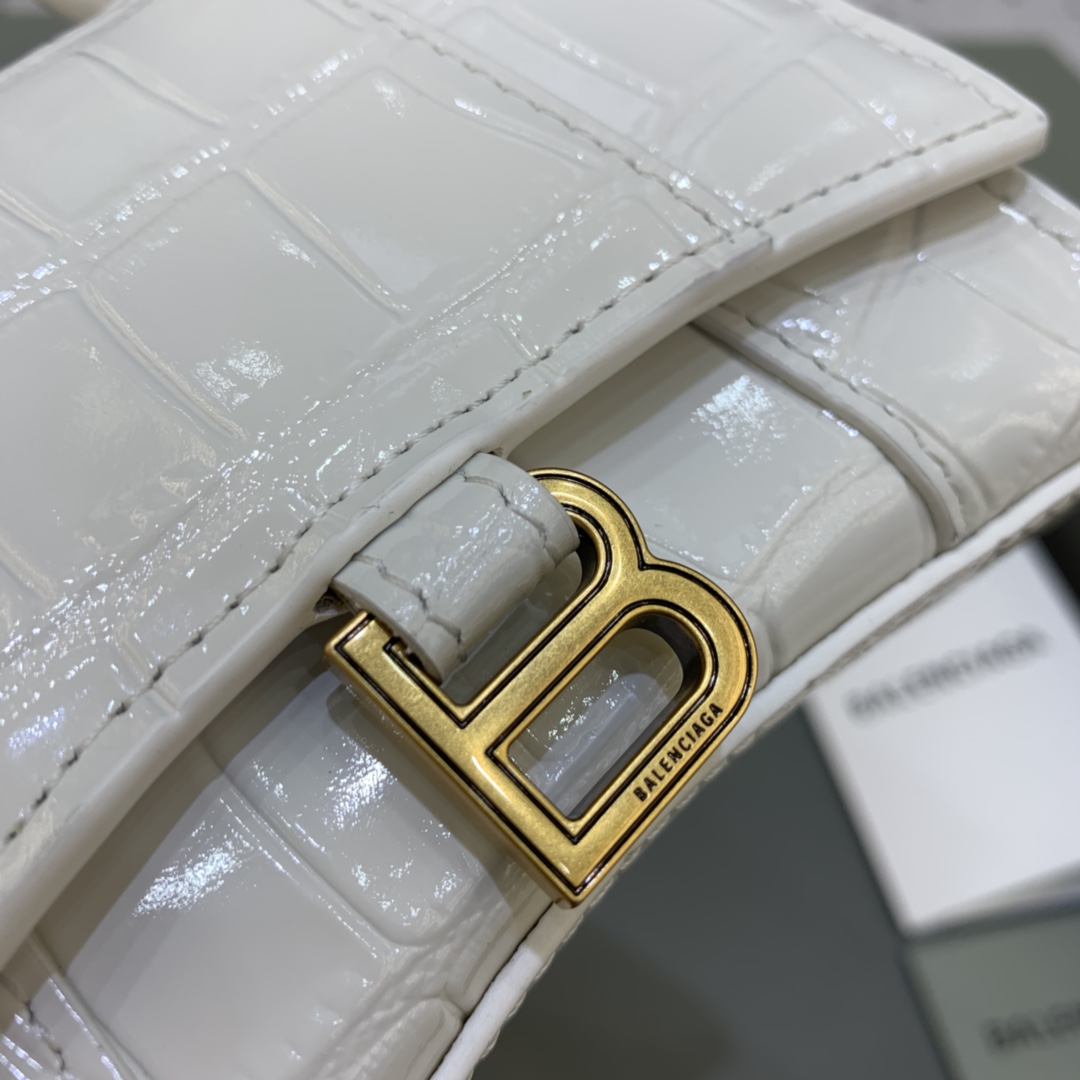 Balenciaga Hourglass Mini Handbag With Chain Crocodile Embossed Shoulder Bag White